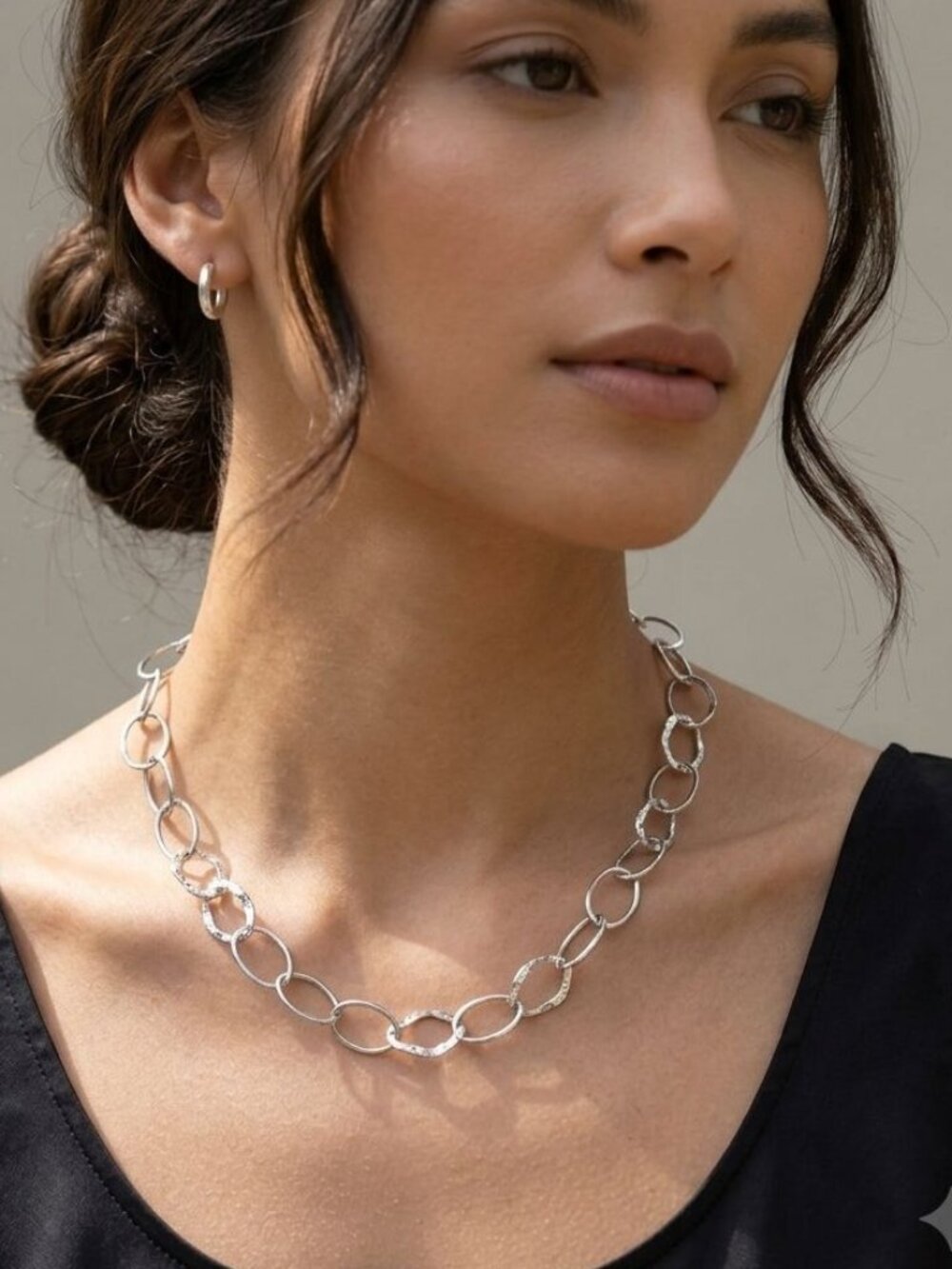 Sterling Silver Hammered & Polished Link Chain Necklace, 17"+2" Extension